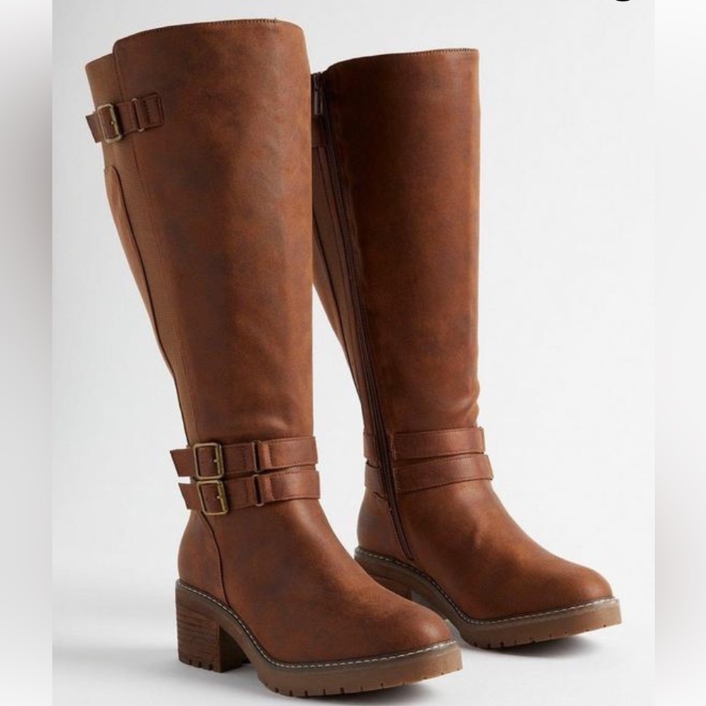 Torrid lugged stacked heel buckle knee boot EXTRA WW Cognac plus size